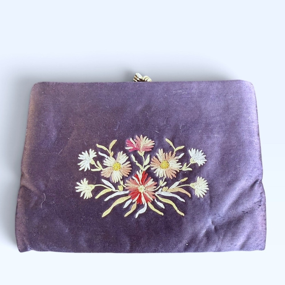 Vintage 1950s Bags by Josef Blue Embroidered Evening Bag Change Purse Set